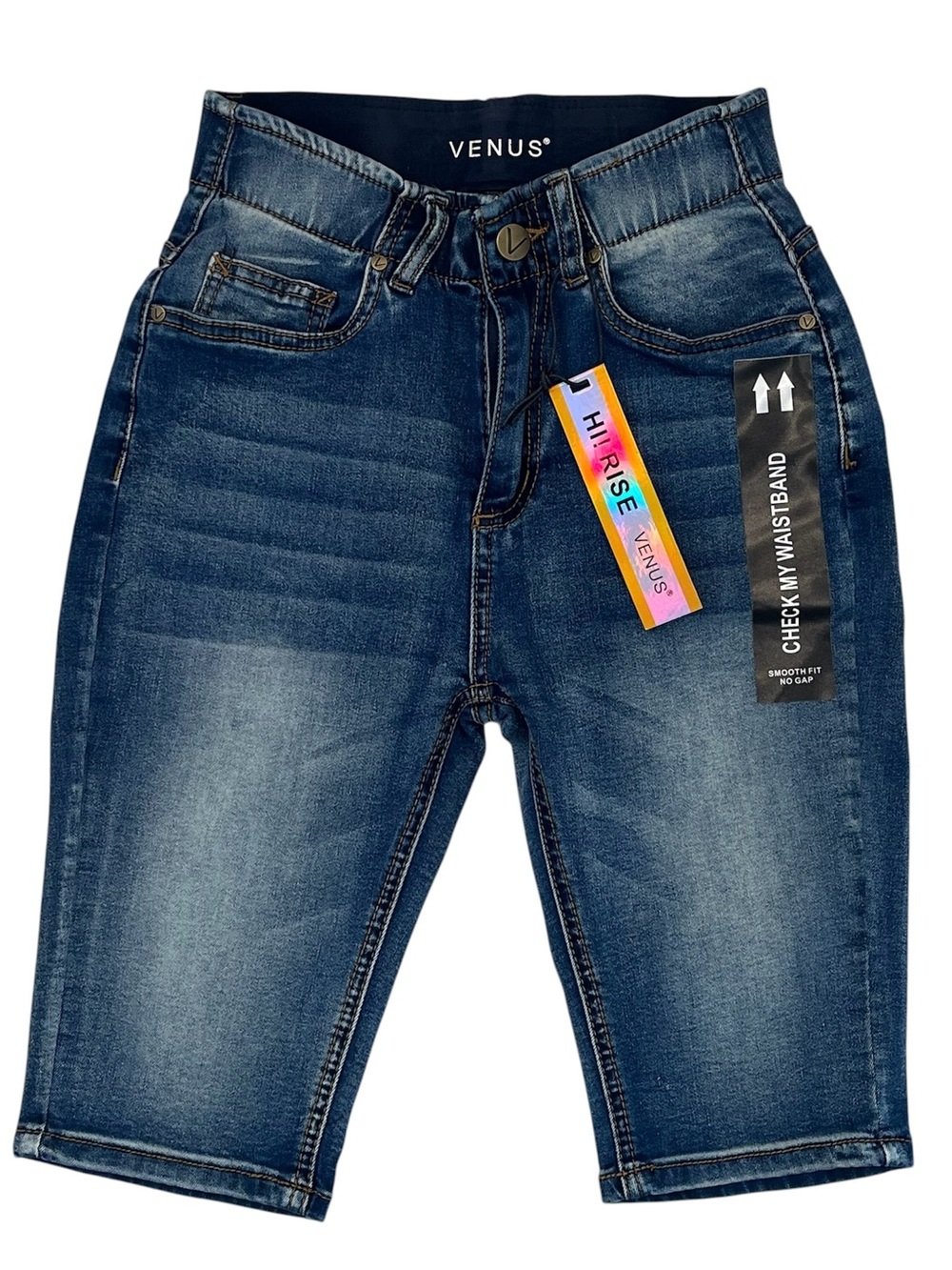 Venus Bermuda Jean Shorts Womens 4 Elastic Waistband Medium Wash V221024